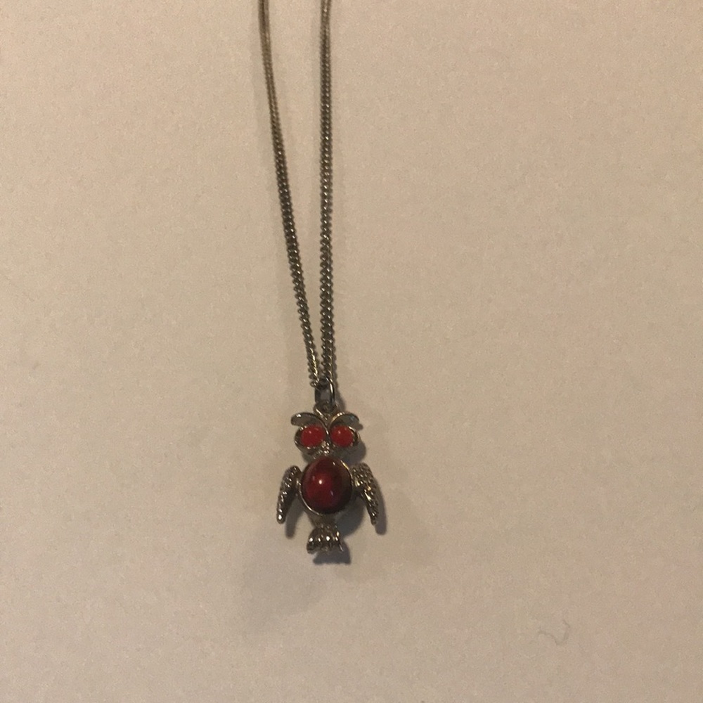 Red Eyed Owl Necklace Silver tone costume jewelry